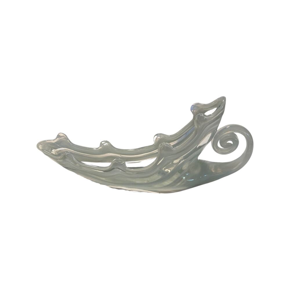 Vintage Hand Blown Glass White Smokey Swirls Cornucopia Sleigh Centerpiece